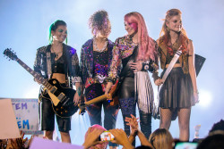 (L to R) Aja (HAYLEY KIYOKO), Shana (AURORA PERRINEAU), Jem (AUBREY PEEPLES) and Kimber (STEFANIE SCOTT) in “Jem and the Holograms”.  As a small-town girl catapults from underground video sensation to global superstar, she and her three sisters begin a one-in-a-million journey of discovering that some talents are too special to keep hidden. Photo Credit: Justina Mintz / Universal Pictures  